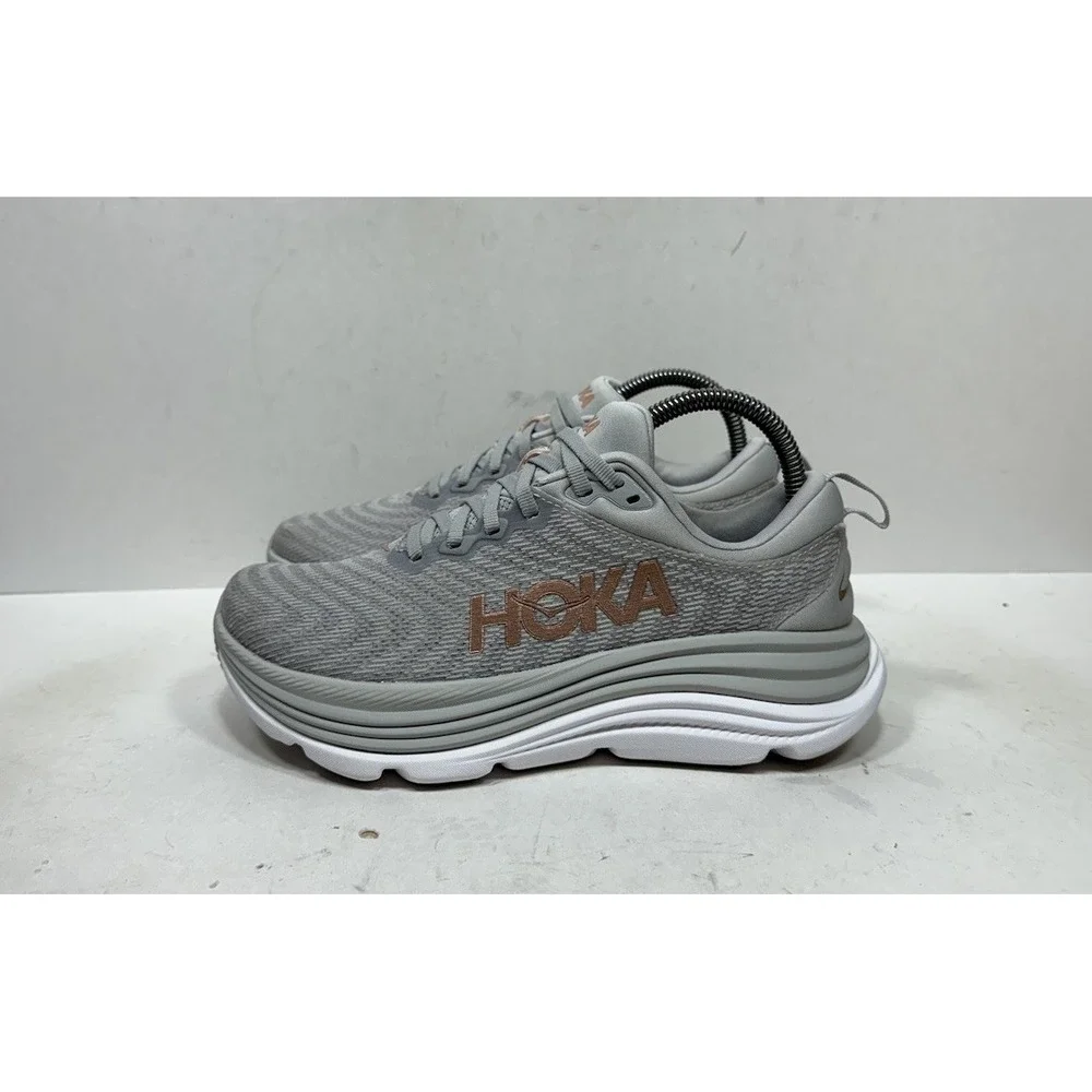 Hoka One One Women's Light Gray with Rose Gold Logo Running Shoes